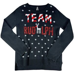 Vanity Team Rudolph Ugly Christmas Sweater Sequin Holiday Pom Pom Black L Women
